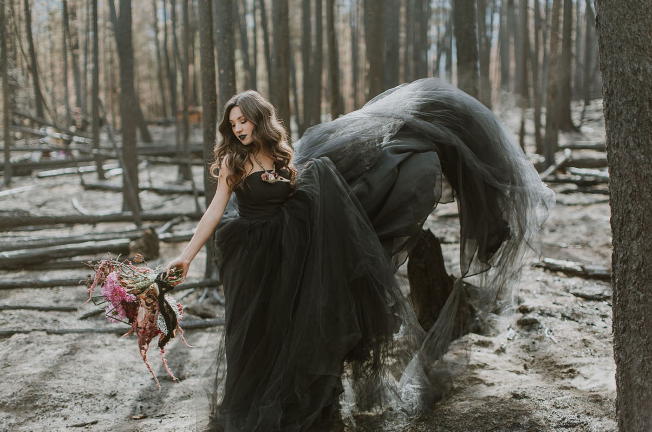 Black Tulle Wedding Dress with Train