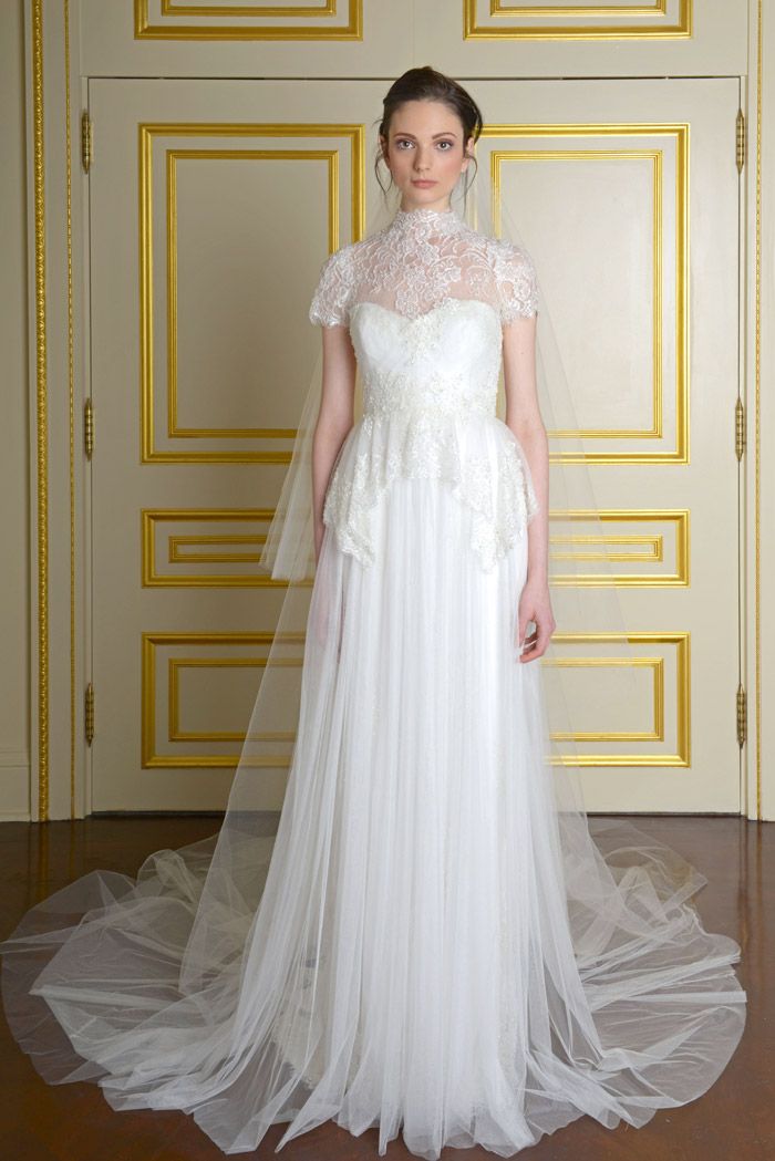 Wedding Dress with a Dramatic Neckline from Marchesas Fall 2015 Bridal Collection