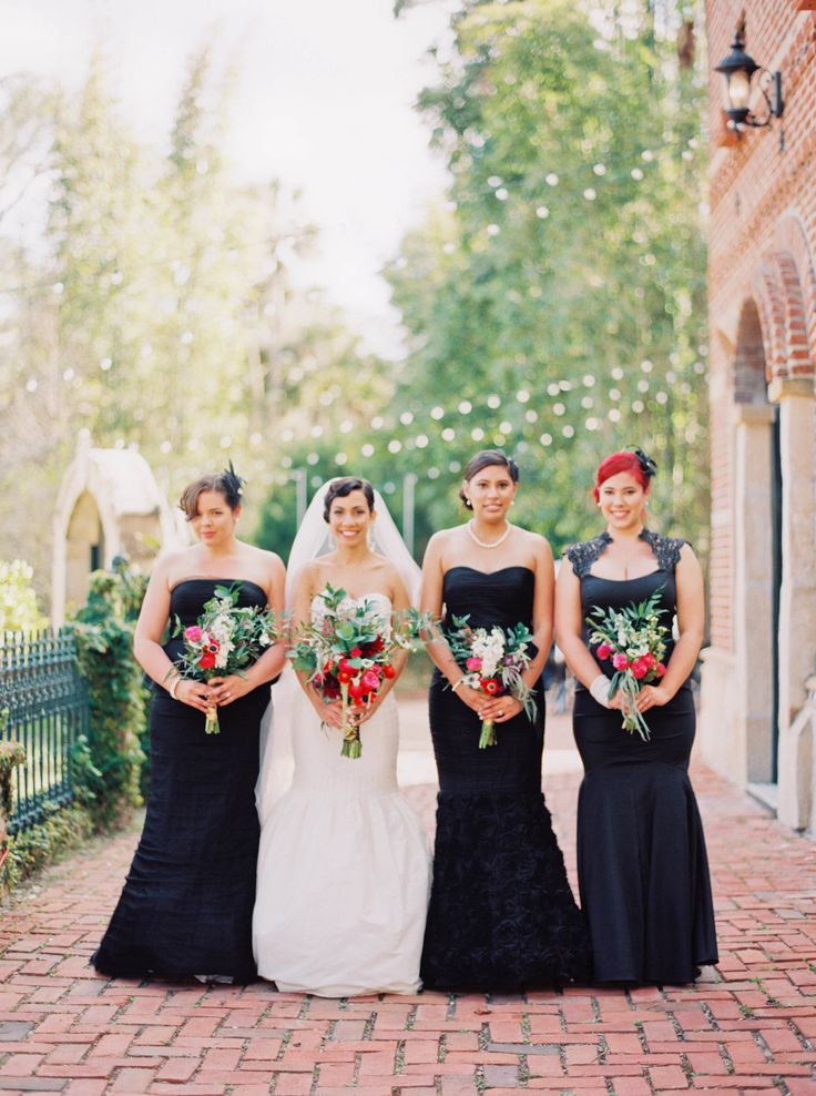 Bridesmaids in Long Glam Black Dresses