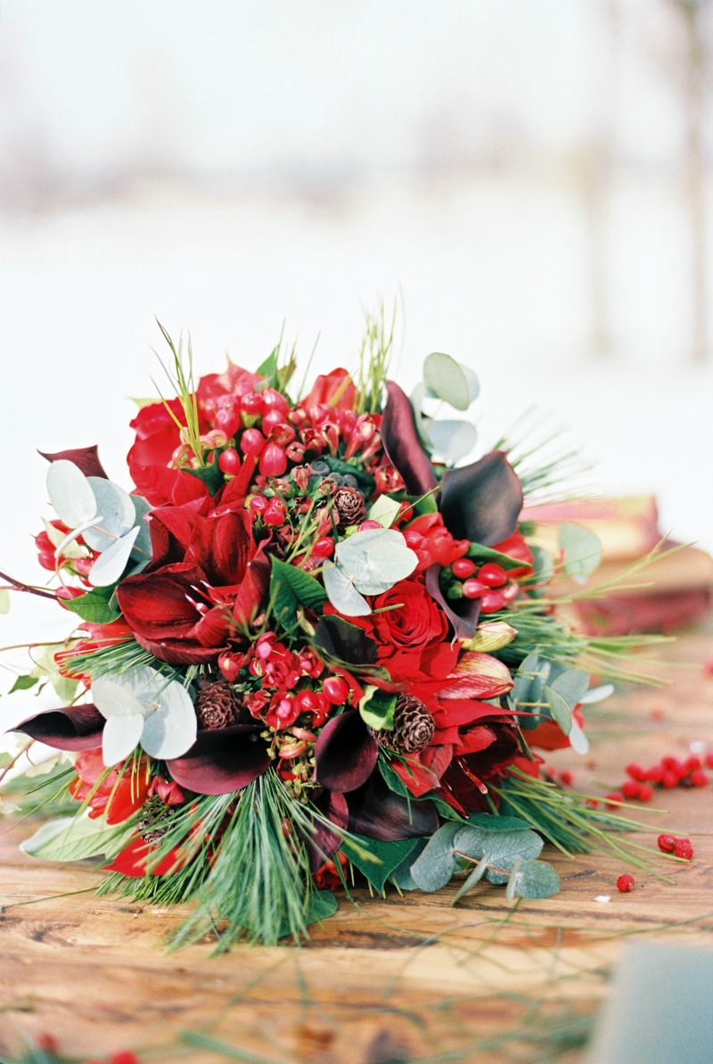 Christmas Red Bridal Bouquet -  Christmas Wedding Inspiration Shoot Full of Rustic Charm from Bell Studios