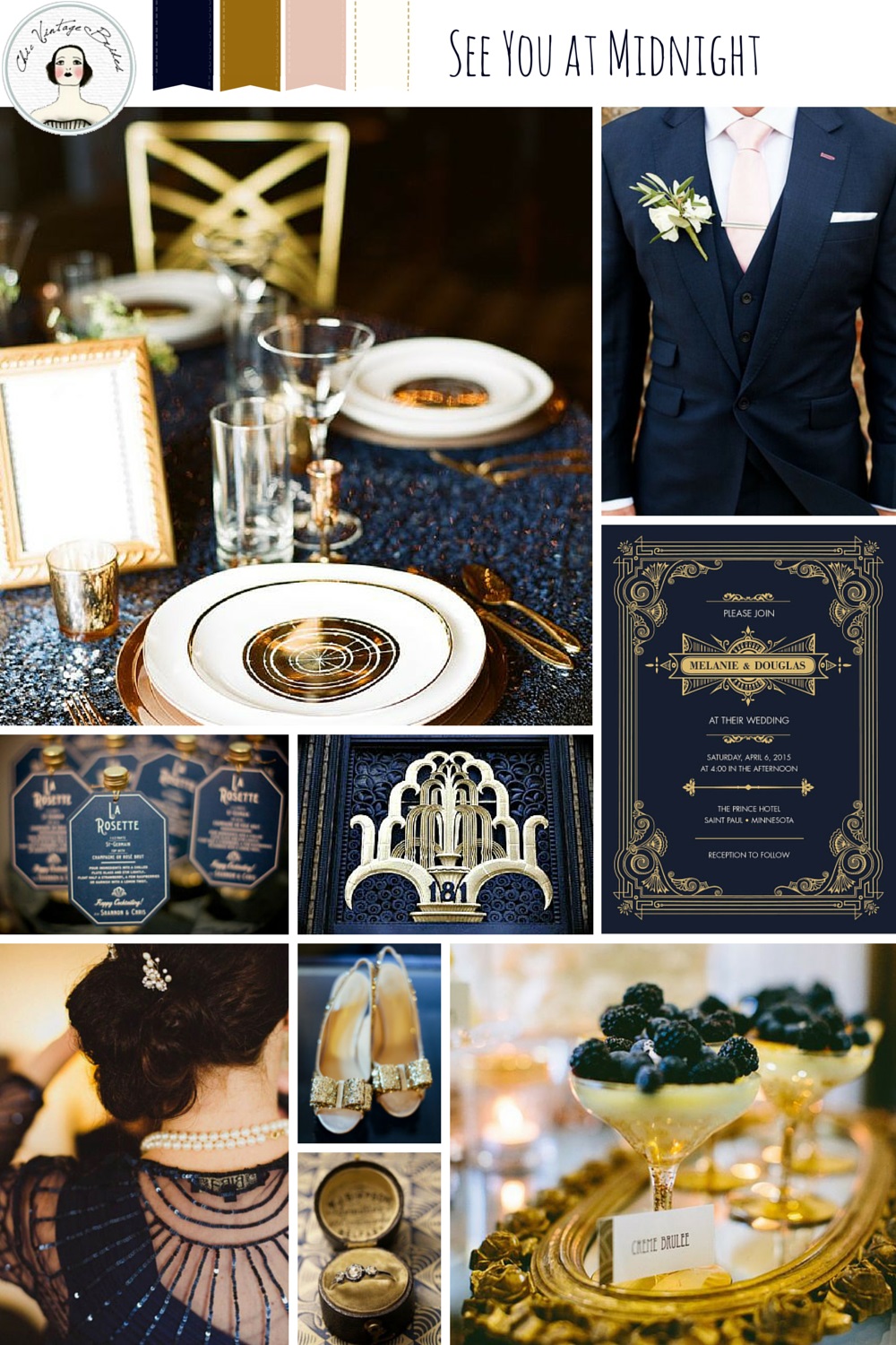 New Years Eve Wedding Inspiration Board in Midnight Blue & Gold