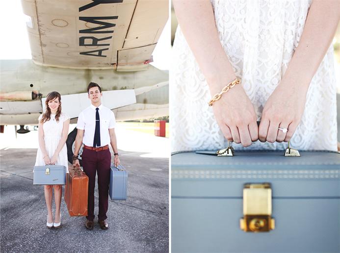 A Sweet Vintage Engagement Photo Shoot at an Aeroplane Hangar