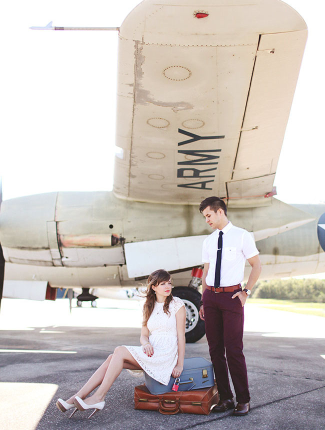 A Sweet Vintage Engagement Photo Shoot at an Aeroplane Hangar