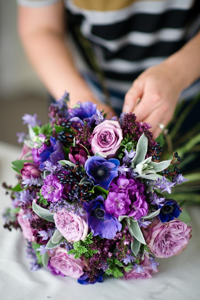 A Hand-Tied Bridal Bouquet Recipe of Spring Purples