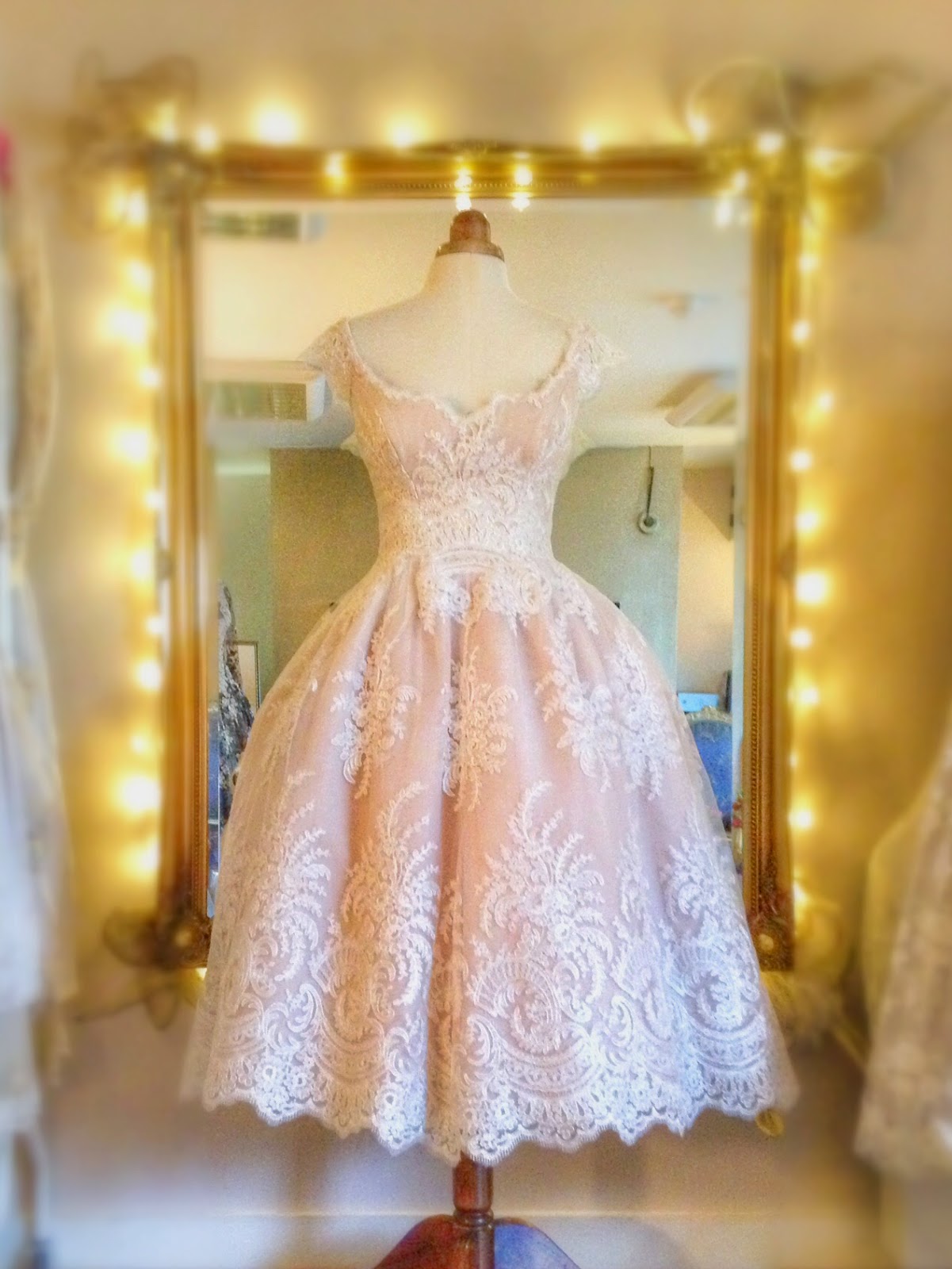 Blush Lace Tea Length Wedding Dress from Joanne Fleming Design