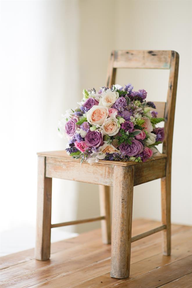 The Prettiest Vintage Bridal Bouquet of Purples & Pink