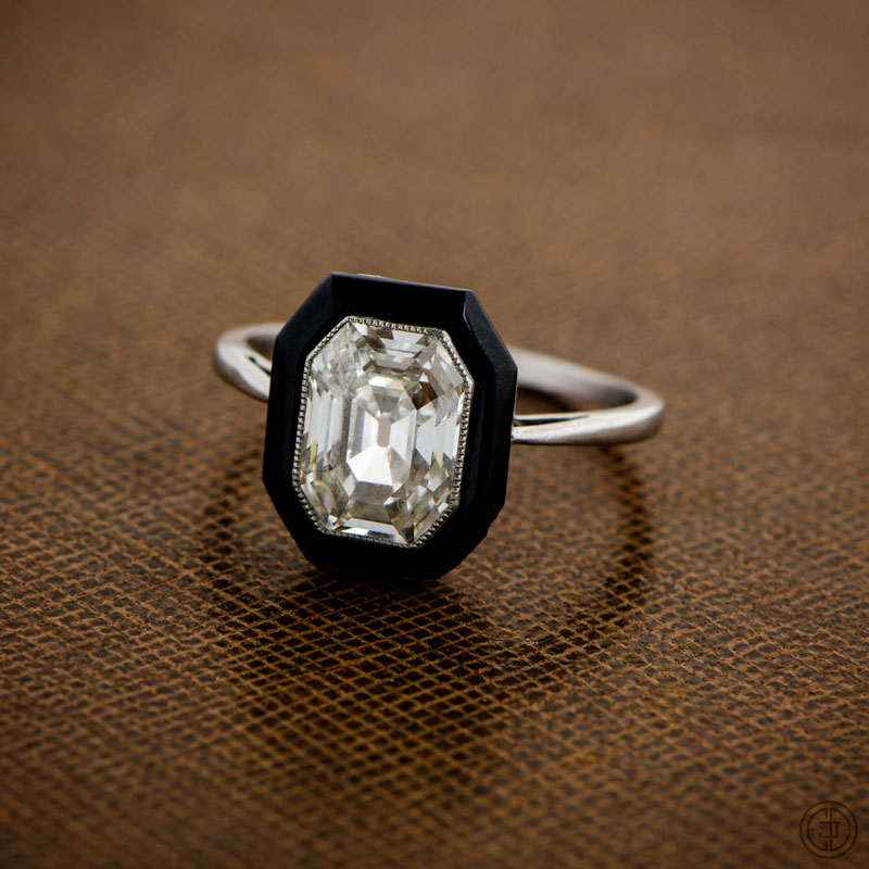 Antique Emerald Cut Diamond With Onyx Halo Engagement Ring from Estate Diamond Jewelry