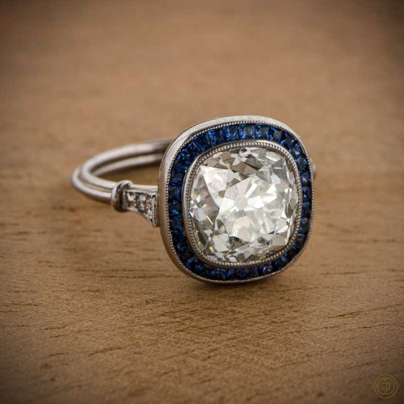 Cushion Cut Diamond and Sapphire Engagement Ring from Estate Diamond Jewelry