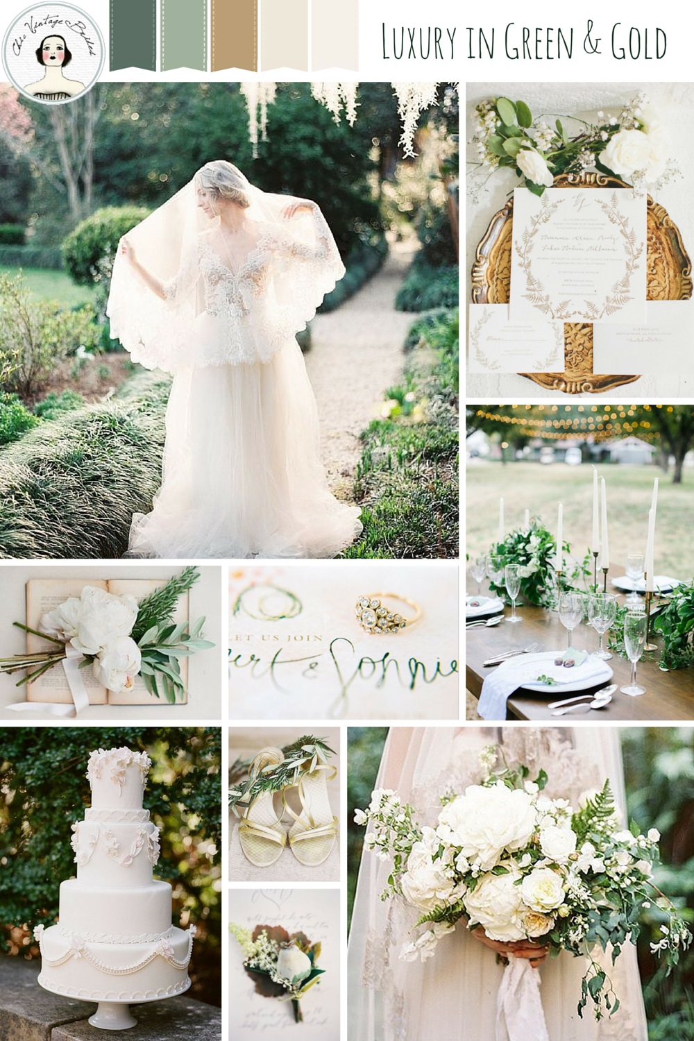 Romantic Wedding Inspiration Board in Shades of Green & Gold