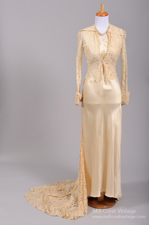 Bias Cut Vintage Art Deco Wedding Dress with Lace Coat