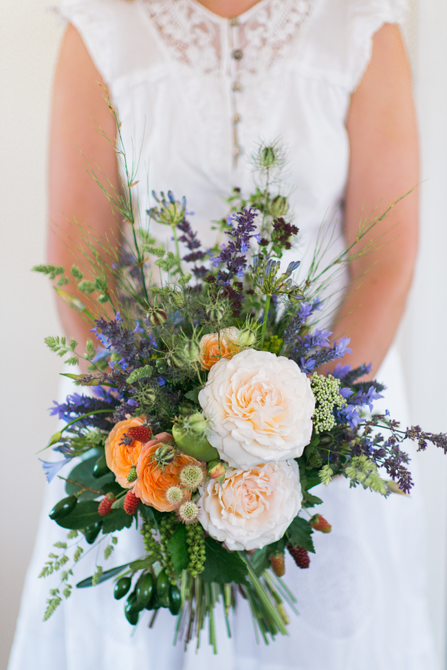 A Beautiful Just-Picked Summer Bridal Bouquet of Foraged Flowers & Fruits