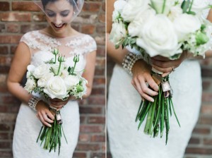White Bridal Bouquet - A Vintage Inspired City Wedding in a Crisp and Elegant Palette of Ivory, Black & Green