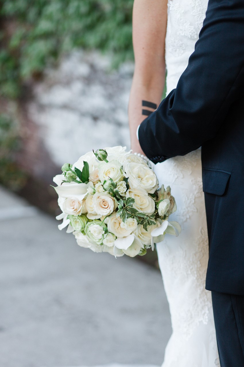 White Bridal Bouquet - A Vintage Inspired City Wedding in a Crisp and Elegant Palette of Ivory, Black & Green