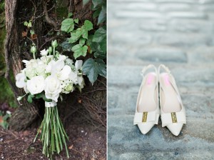 Bouquet & Bridal Shoes - A Vintage Inspired City Wedding in a Crisp and Elegant Palette of Ivory, Black & Green