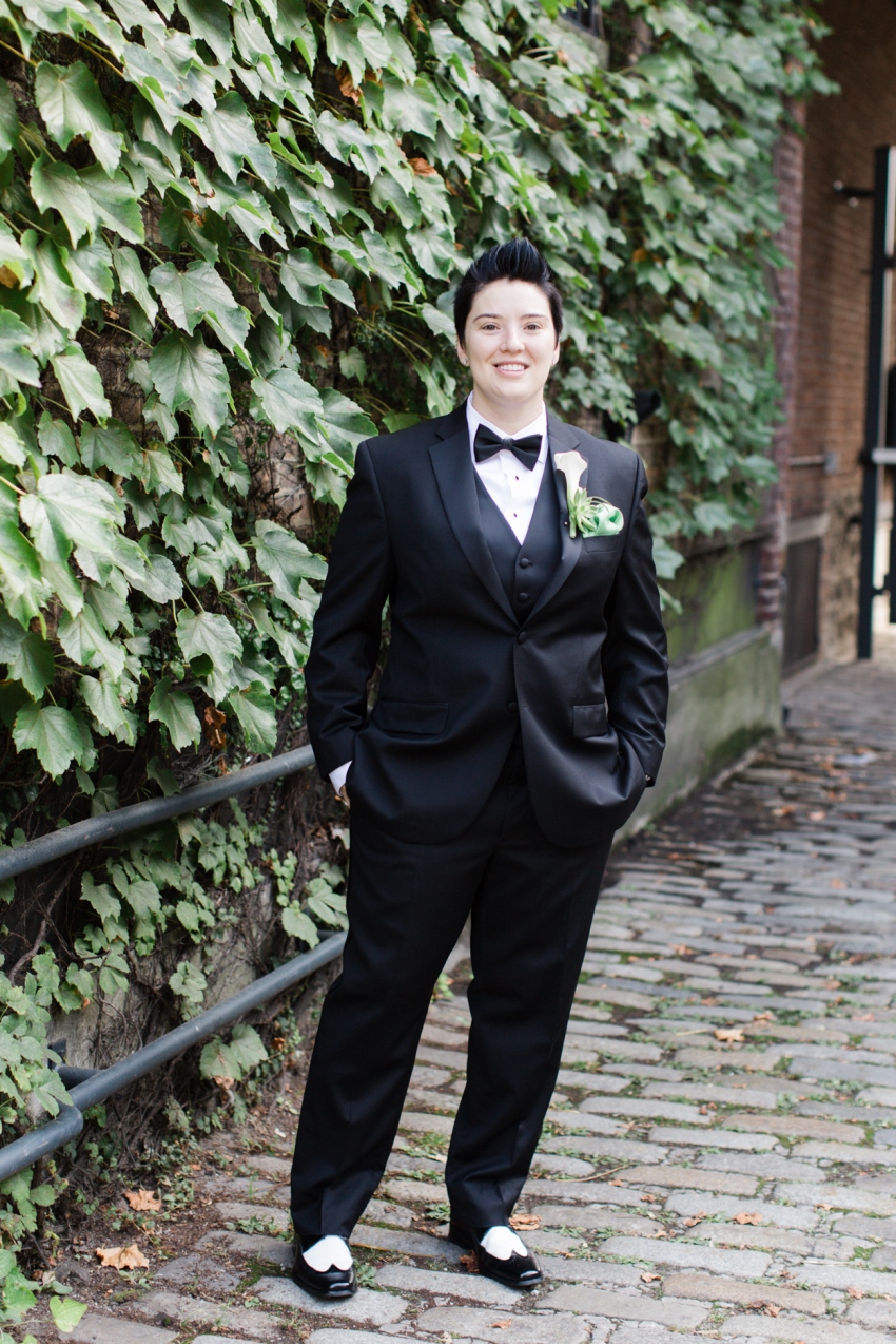 Gay Bride in a Black Tuxedo - A Vintage Inspired City Wedding in a Crisp and Elegant Palette of Ivory, Black & Green
