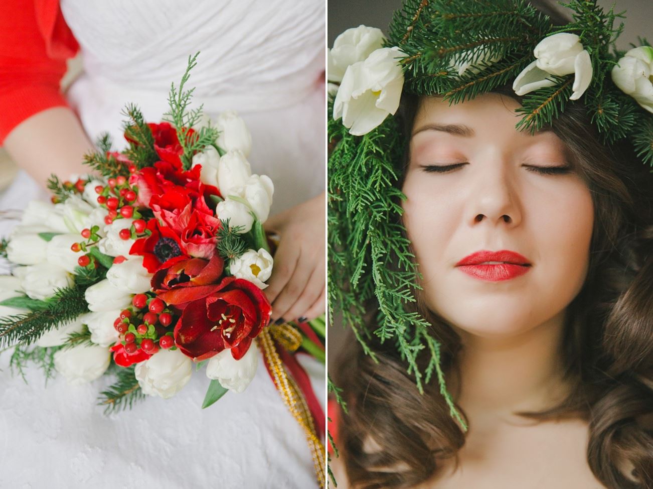 Christmas Wedding Bouquet & Flower Crown - A Cosy Winter Wedding Inspiration Shoot in Red, Green & White from WarmPhoto