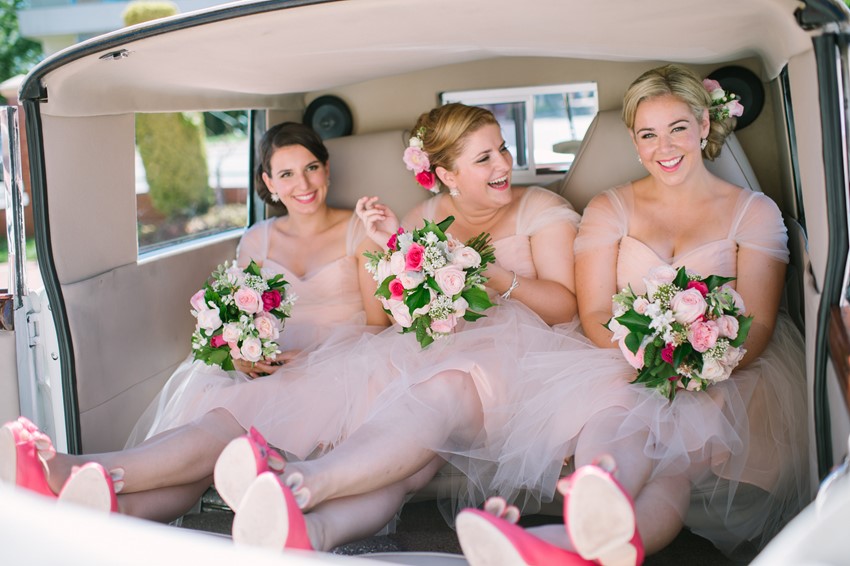 Bridesmaids in Pink Tulle Dresses Photography by Claire Morgan