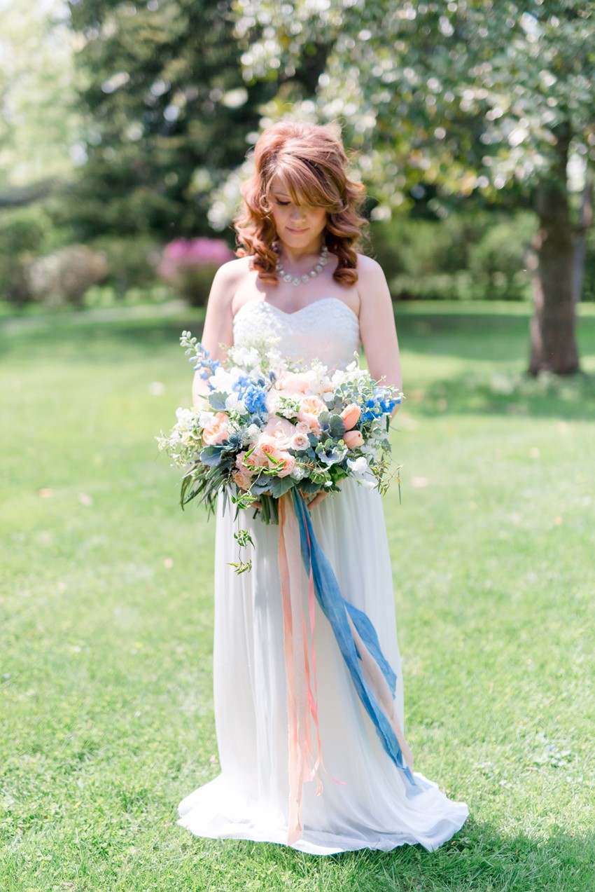 Spring Bridal Bouquet in Peach & Powder Blue Photography by Anna Kardos Photography