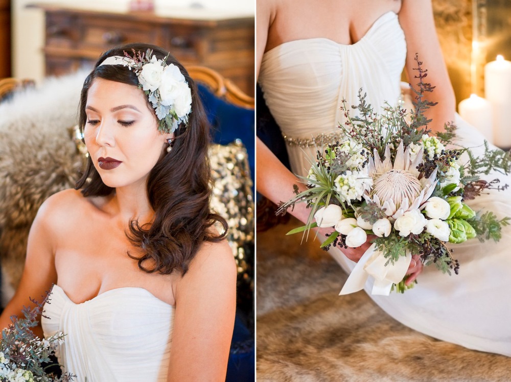 Beautiful winter bridal look and bouquet// Photography ~ Twin Lens Weddings
