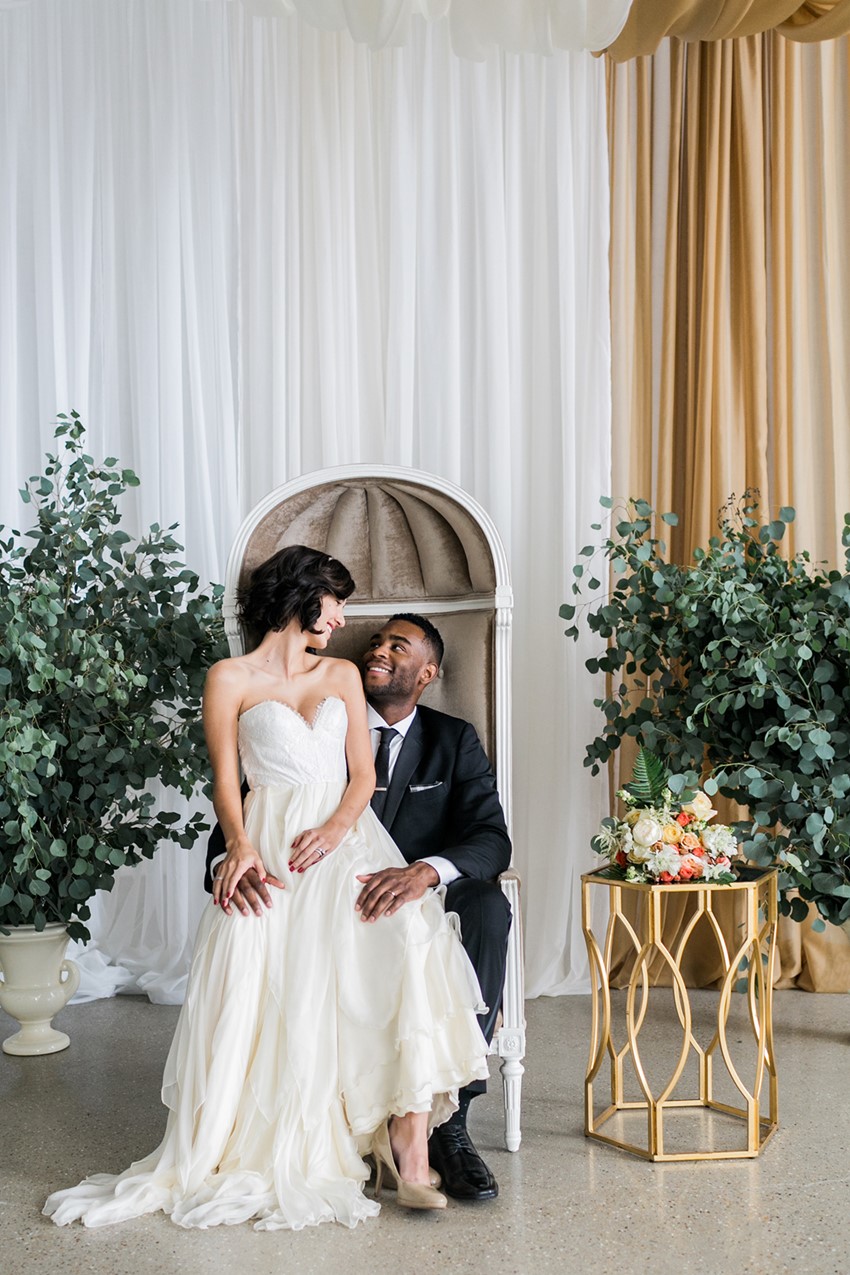 Bride & Groom before a backdrop of drapes // Photography ~ Alexis June Weddings