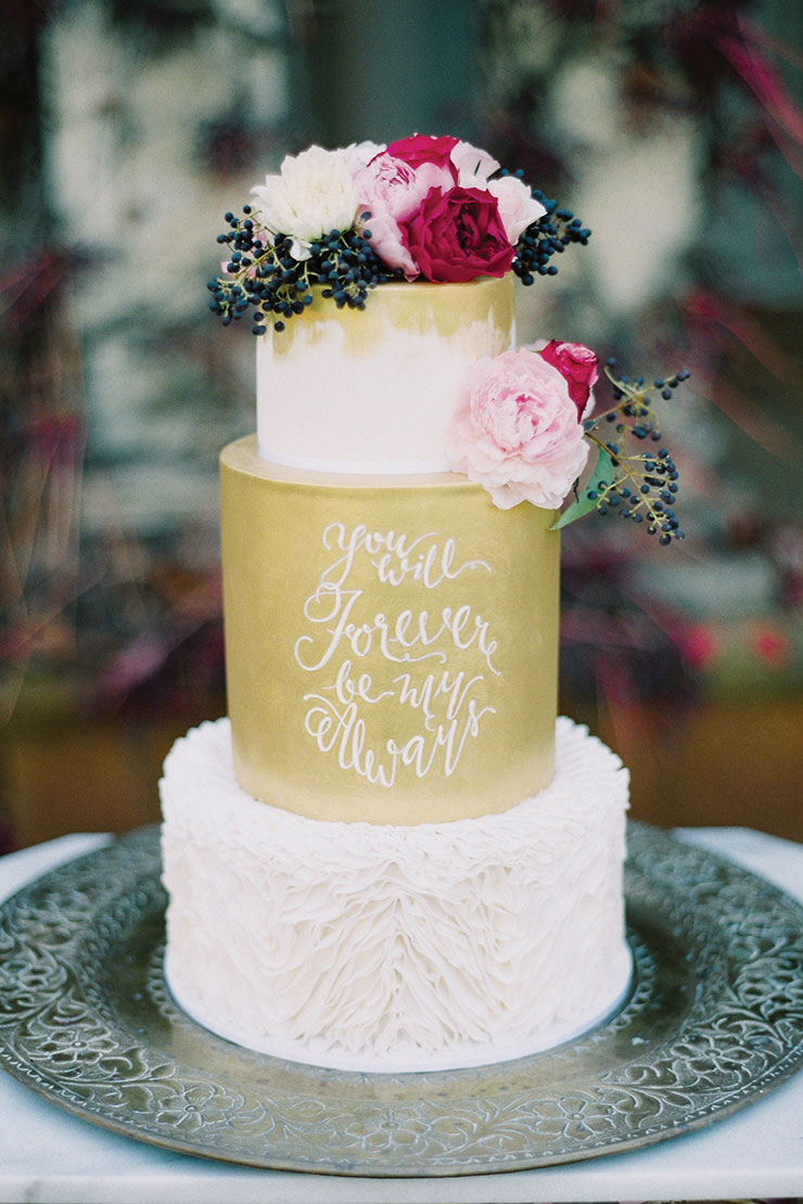 Gold Fondant Handpainted Quote Wedding Cake
