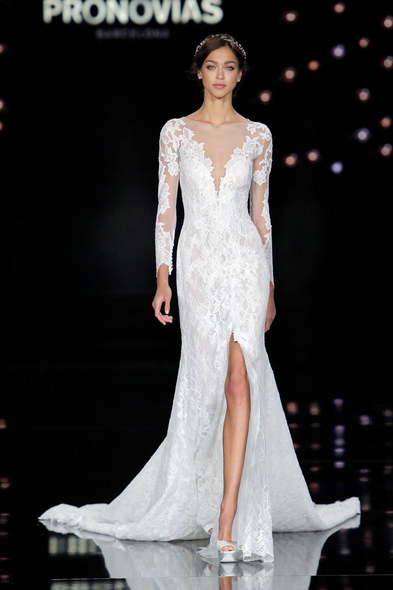 Long Sleeve Lace Wedding Dress with Plunging Neckline from Atelier Pronovias 