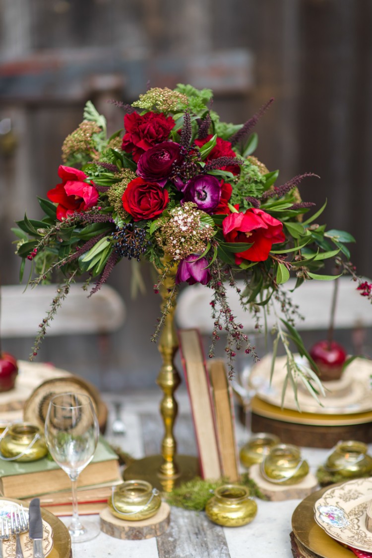 Rich Red & Gold Tall Wedding Centrepiece // Florals ~ Magdalen Hill & Photography ~ Natalie McNally