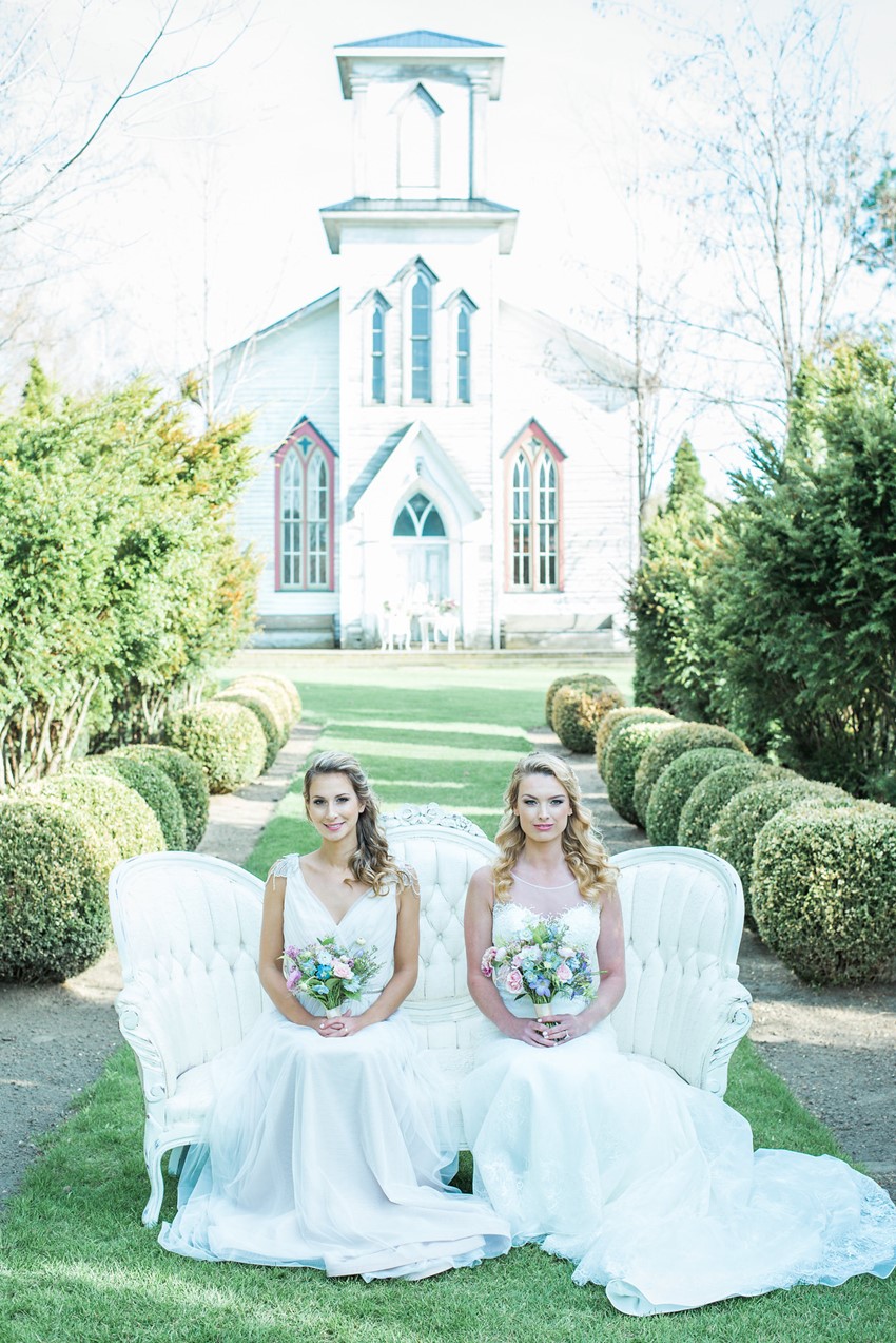 Bride & Bridesmaid on a Vintage Couch // Photography ~ Injoy Imagery