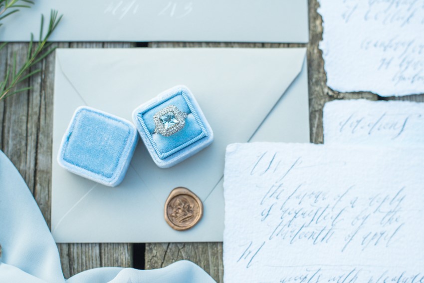 Diamond Engagement Ring in a Blue Velvet Ring Box // Photography ~ Injoy Imagery