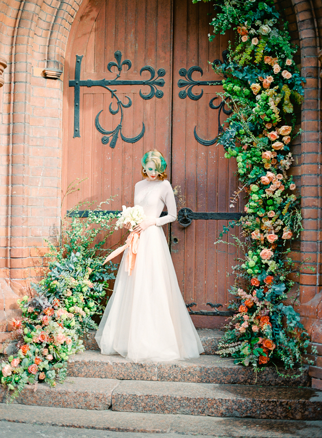 Vintage Inspired Bride in a Long Sleeve Wedding Dress & Green Birdcage Veil