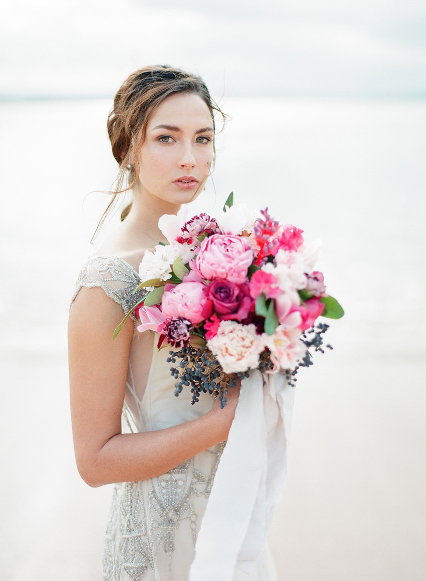 Ethereal vintage beach bride and pretty pink bridal bouquet // Photography ~ Love Note Photography