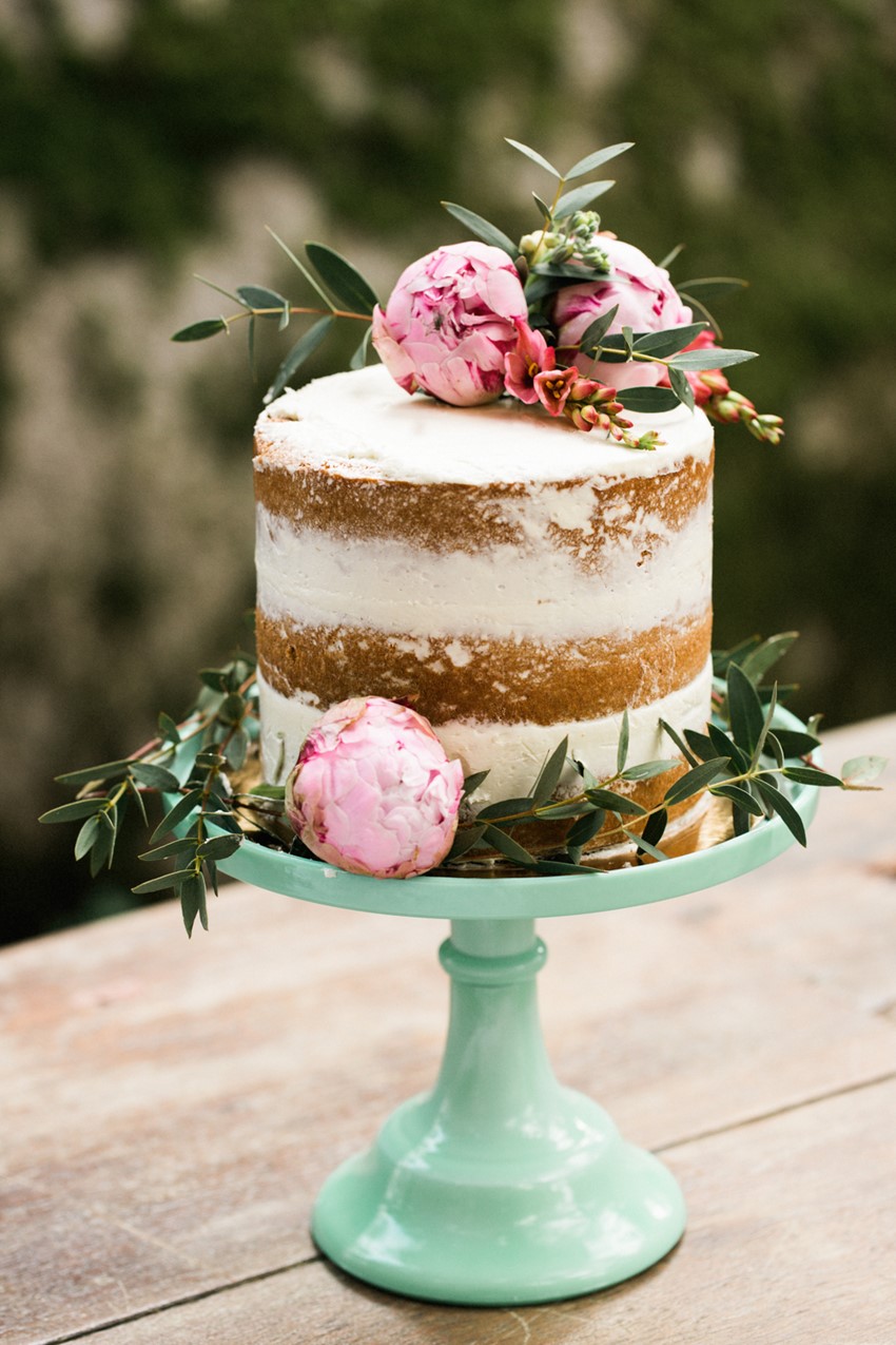 One Tier Naked Wedding Cake topper with Pink Peonies
