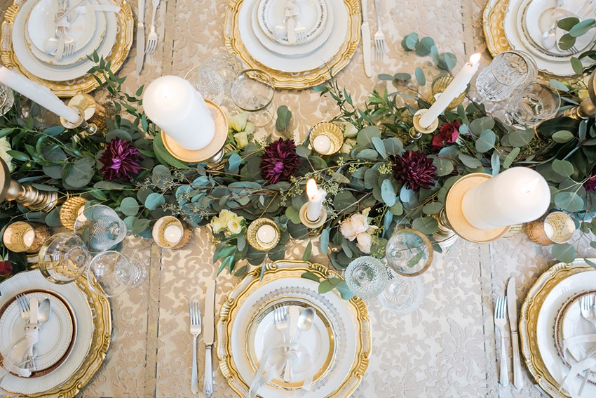 Romantic Garnet & Gold Wedding Tablescape