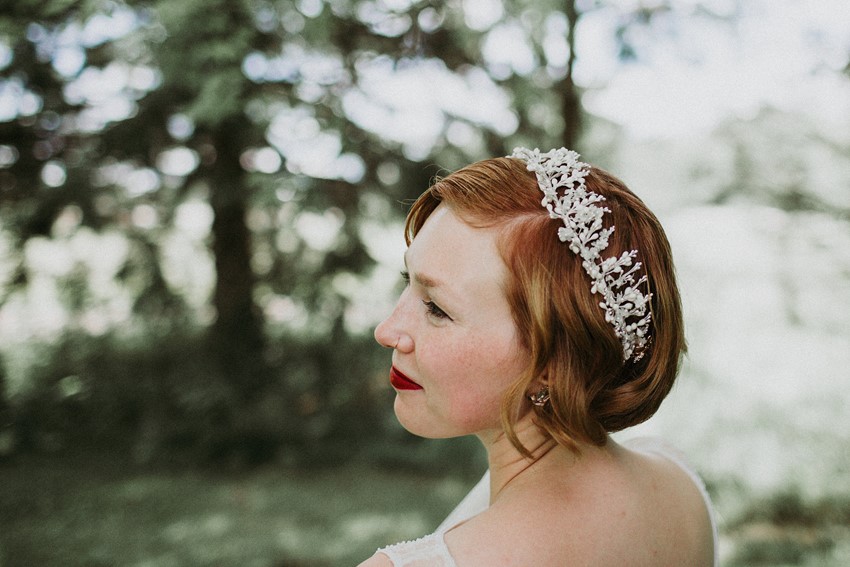 Vintage Inspired Bride wearing a Wax Flower Crown