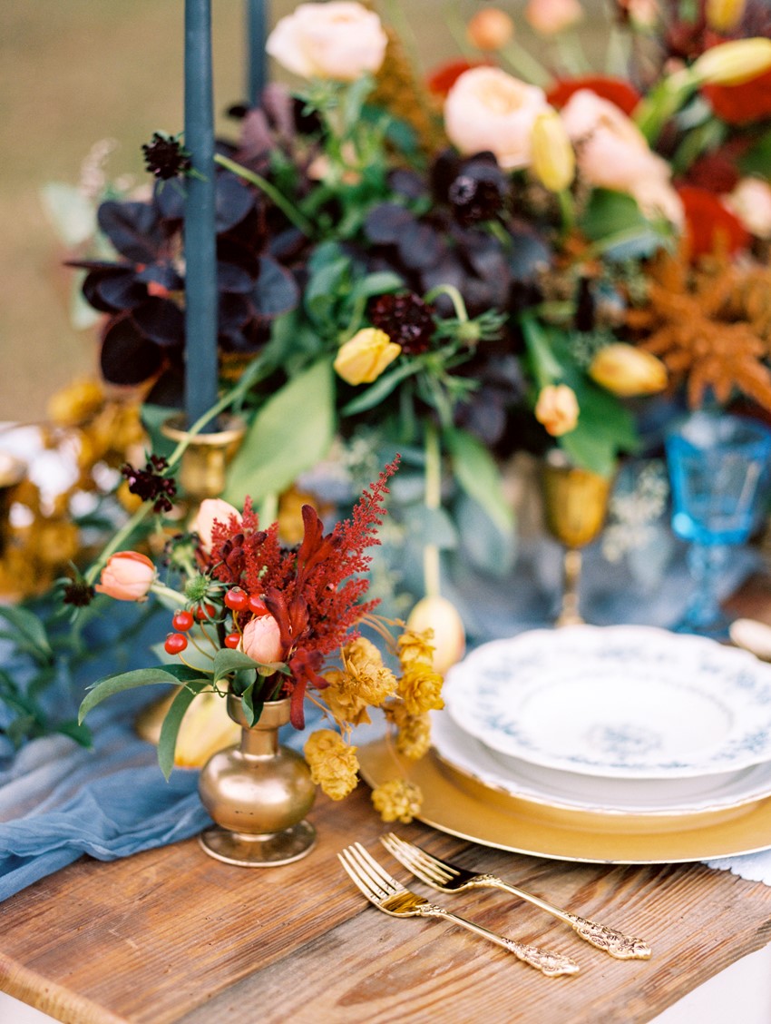 Winter Wedding Tablescape in Blue, Gold & Orange