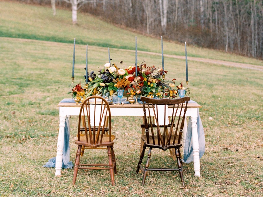 Rustic Winter Wedding Tablescape in Blue, Gold & Orange