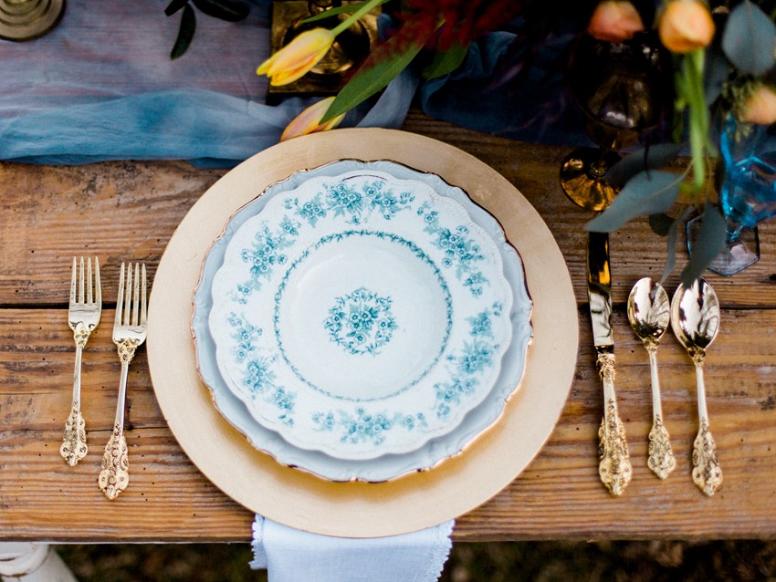 Winter Wedding Place Setting in Blue & Gold