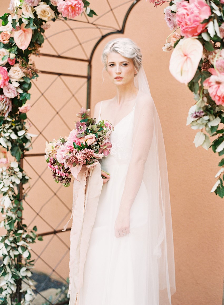 Romantic Bride and Stunning Pink Wedding Floral Arch