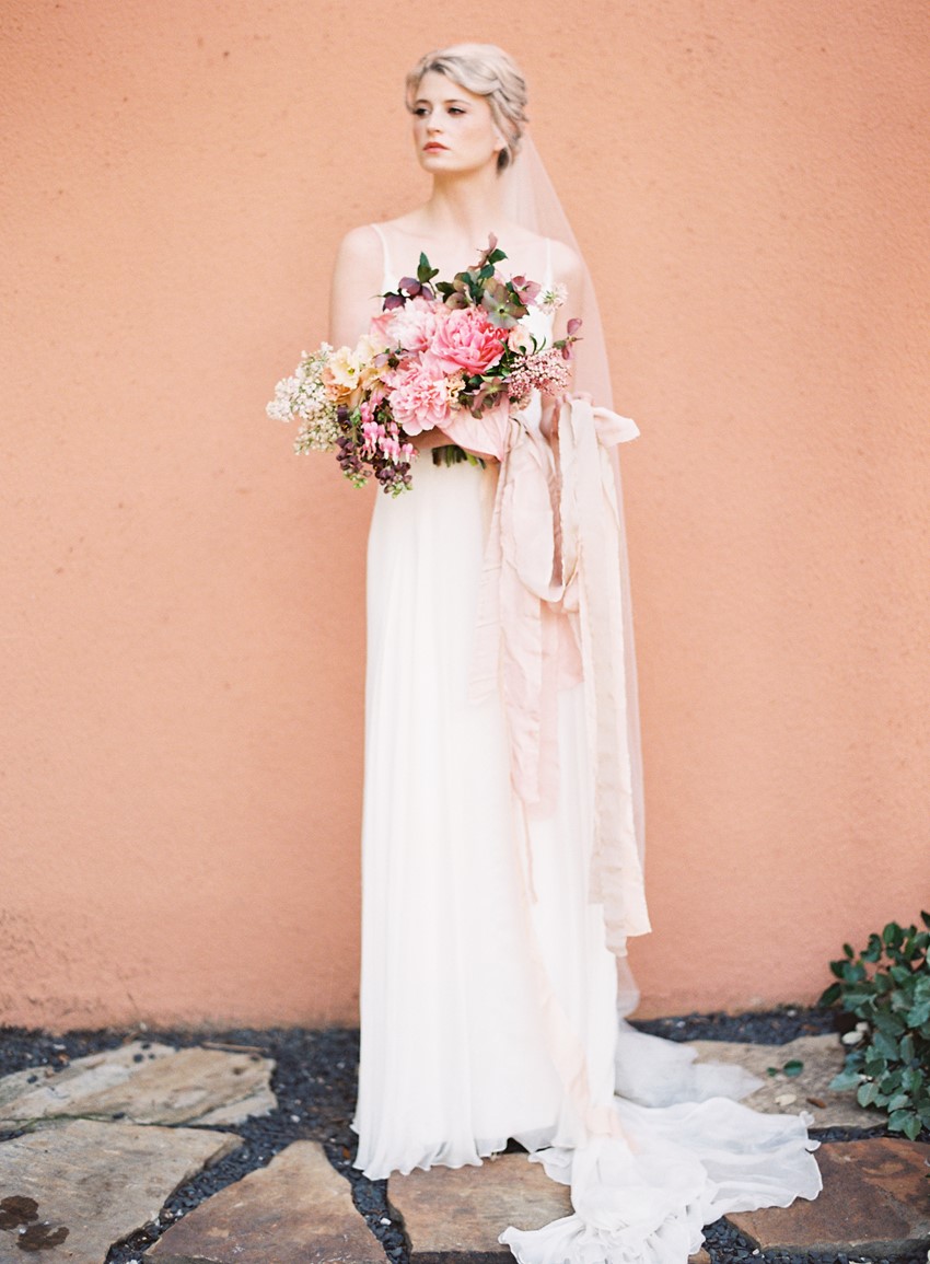 Romantic Bride with Coral Cascading Bridal Bouquet