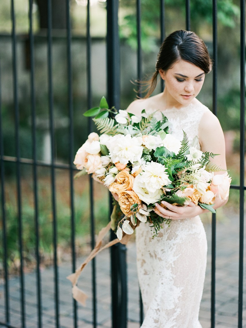 Stunning Bride with Organic Peach Roses & Greenery Bridal Bouquet