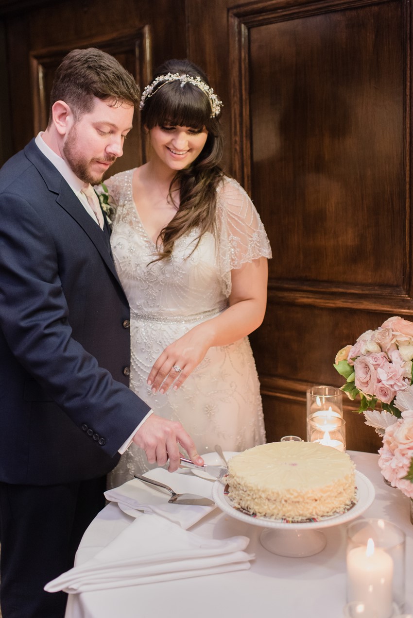 Romantic Pink & Navy Wedding Cake Cutting