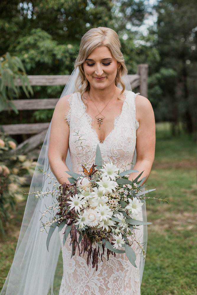 Rustic Vintage Bride with White & Greenery Bridal Bouquet