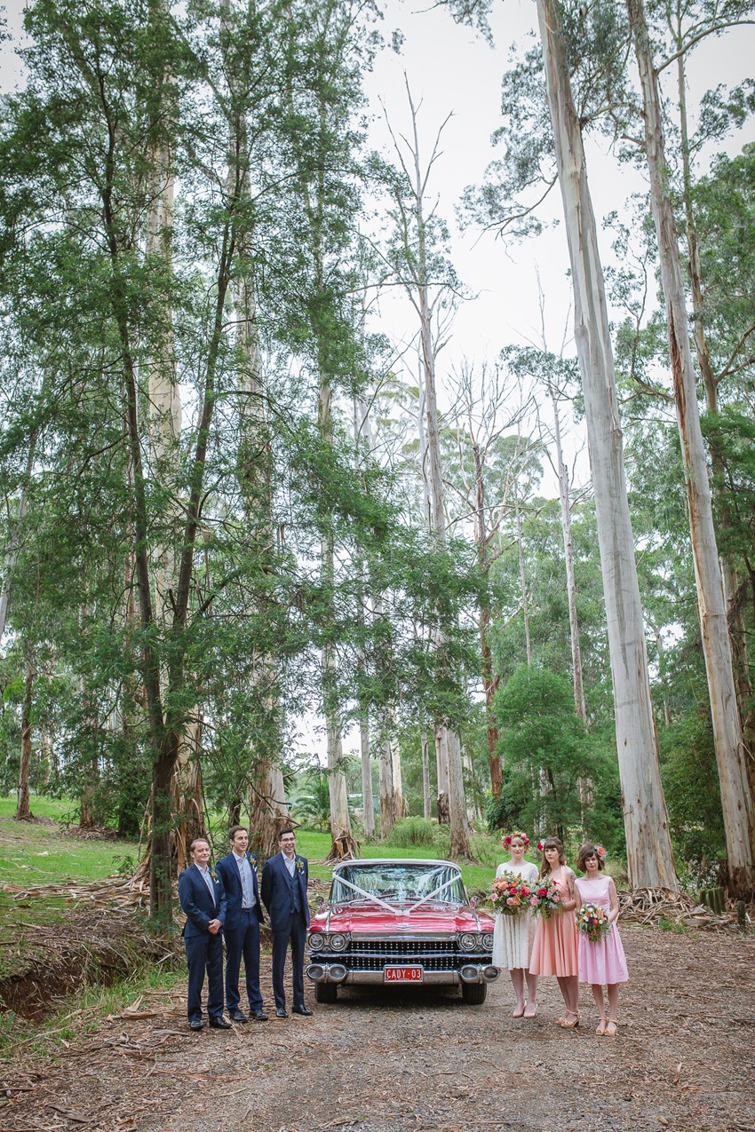 Wedding Party with Vintage Cadillac