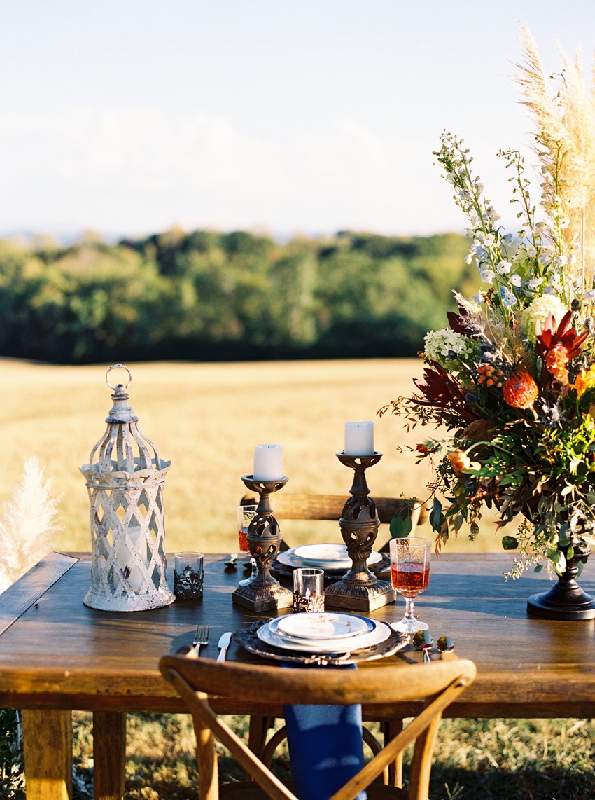 Fall Wedding Reception Tablescape with Pampas Grass Centerpiece