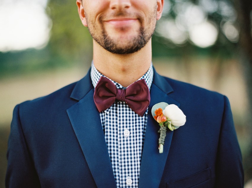 Blue Groom's Suit and Burgundy Bow Tie