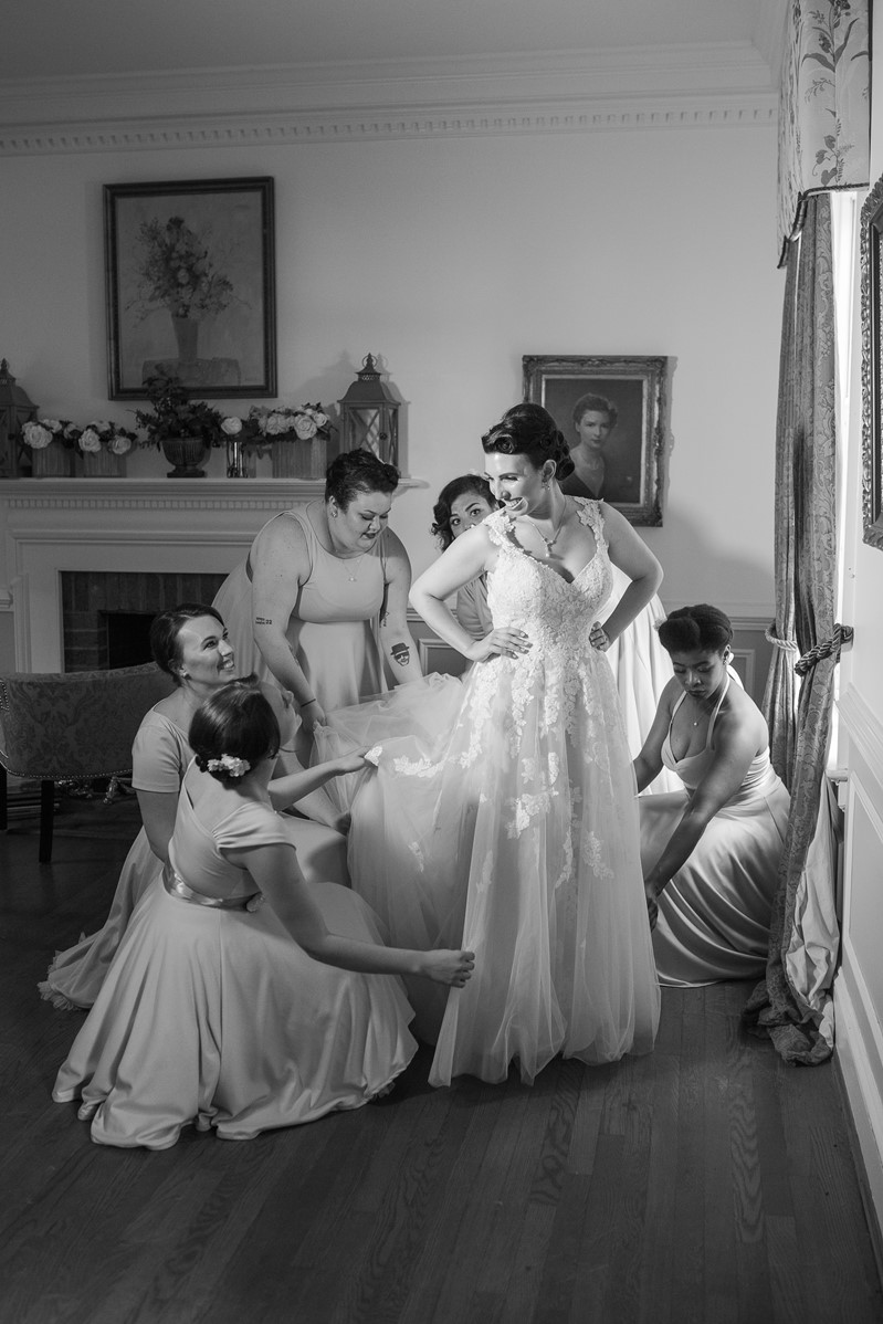 Bride Getting Ready with Bridesmaids Black & White Photo