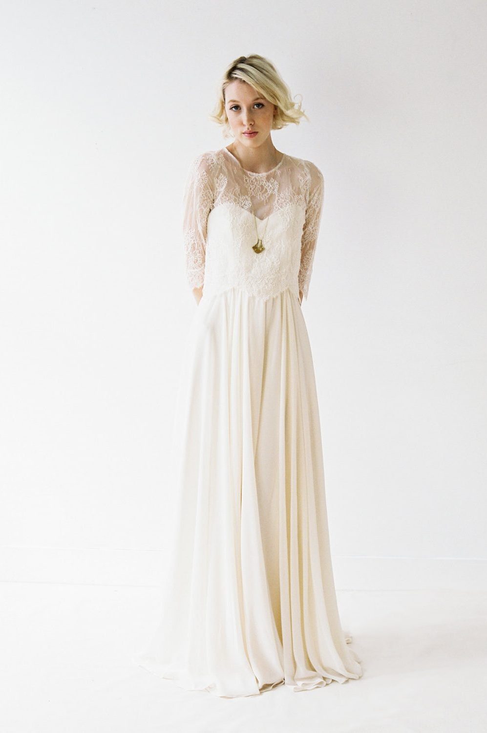 Blush Chiffon Wedding Dress with a Lace Shirt - Chic Vintage Brides ...