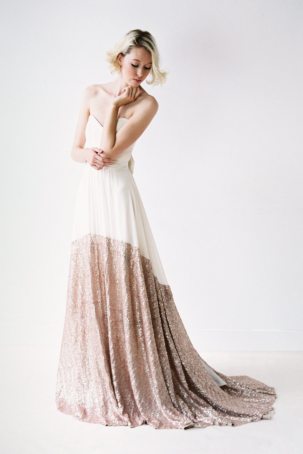 Chiffon and Rose Gold Sequinned Wedding Dress Chic