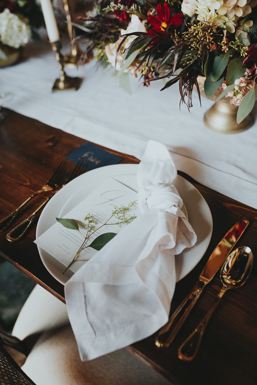 Romantic Wedding Place Setting with Brass Flatware