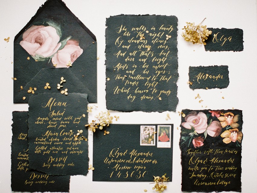 Romantic Floral Black Wedding Invitation Suite